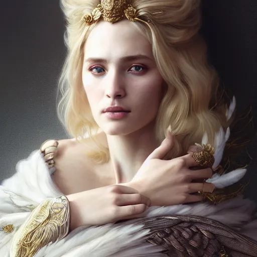 Image similar to portrait painting of a beautiful blonde woman with a kind face wearing a feathered cloak and a fancy silk white dress, ultra realistic, concept art, intricate details, eerie, highly detailed, photorealistic, octane render, 8 k, unreal engine. art by artgerm and greg rutkowski and charlie bowater and magali villeneuve and alphonse mucha