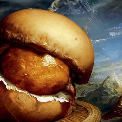 Prompt: heavenly summer sharp land sphere scallop hamburger soda auslese , by Peter Paul Rubens and Eugene Delacroix and Karol Bak , Hyperrealism , digital illustration , fauvist