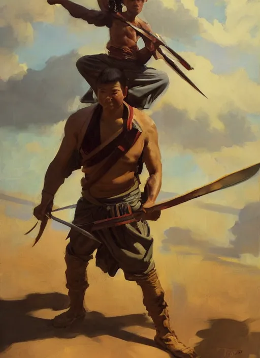 Image similar to greg manchess portrait painting of a filipino man holding a sword sitting on a tank, asymmetrical, profile picture, organic painting, sunny day, matte painting, bold shapes, hard edges, street art, trending on artstation, by huang guangjian, gil elvgren, ruan jia, randy vargas, greg rutkowski