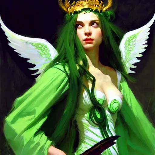 Image similar to greg manchess painting of goddess of hunt wearing green clothes, green and white long hair, long green wings, large green sword, trending on artstation, by huang guangjian and gil elvgren and sachin teng