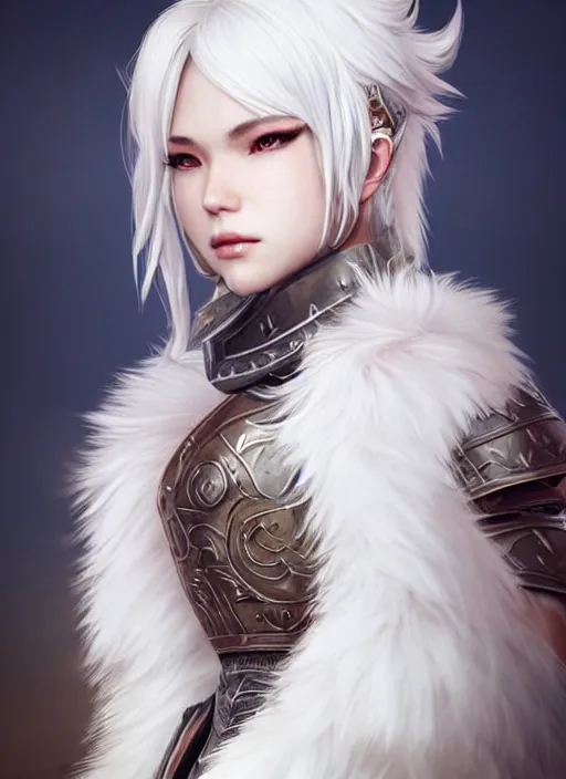 Image similar to warrior, fur leather armor!!! beautiful and elegant white hair female!! gorgeous ayes!! character concept art, sharp focus, octane render! unreal engine 5! highly rendered!! trending on artstation!! detailed linework!! illustration by artgerm, wlop, and chie yoshii