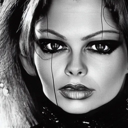 Image similar to ornella muti as cat woman unzipping her jumpsuit, 8 k resolution hyperdetailed photo realistic, extremely high quality and life like