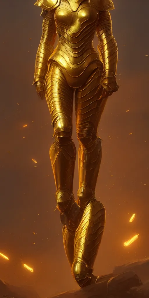 Image similar to professional digital art of a hyper realistic and highly detailed woman beautiful golden armor. accurate rending of one woman in armor. greg rutkowski, zabrocki, karlkka, jayison devadas, intricate, trending on artstation, 8 k, unreal engine 5, pincushion lens effect