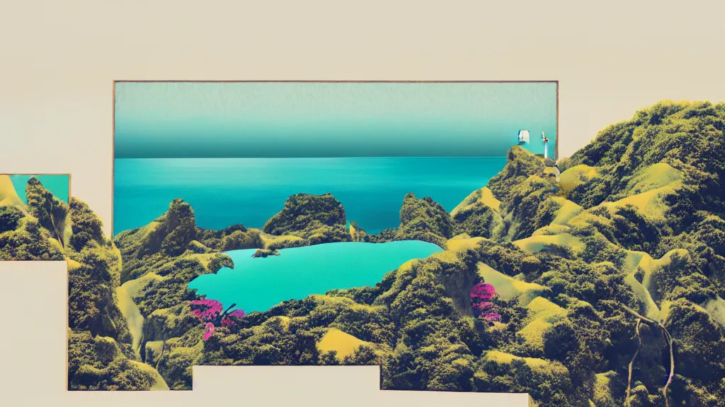 Image similar to dramatic landscape of okinawa prefecture, japan, a collage painting, in the style of wes anderson, lola dupre, david hockney, isolated on negative white space background dark monochrome neon fluorescent spraypaint accents volumetric octane render