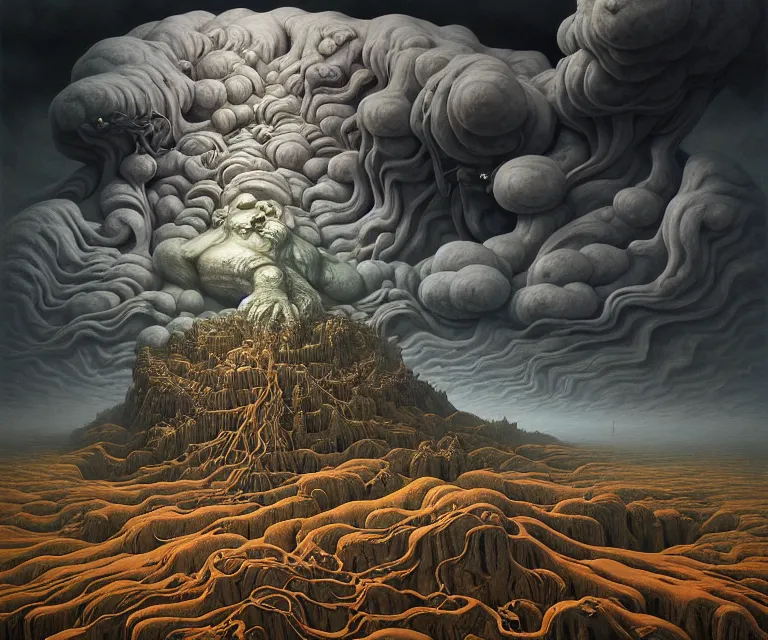 Image similar to hyper detailed 3d render like a Oil painting - god of death hades floating over his hellish landscape, by Jacek Yerka, Mariusz Lewandowski, Houdini algorithmic generative render, Abstract brush strokes, Masterpiece, Edward Hopper and James Gilleard, Zdzislaw Beksinski, Mark Ryden, Wolfgang Lettl, hints of Yayoi Kasuma, octane render, 8k