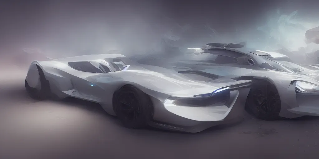 Image similar to full view of a car, painted in white holographic pearlescent, elegant, digital painting, concept art, smooth, sharp focus, art style from Wang Ke and Greg Rutkowski and Bruce Kaiser and Scott Robertson and Dmitry Mazurkevich and Doruk Erdem and Jon Sibal, small style cue from Blade Runner