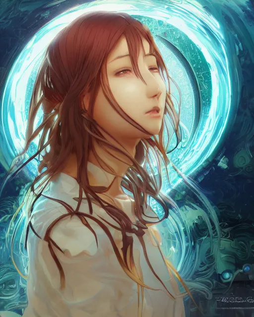 Image similar to illustration of an anime girl entranced bewitched mesmerized hypnotized mind controlled, spirals in eyes, by artgerm and wlop and greg rutkowski and alphonse mucha, digital art, extreme detail, realistic lighting, cinematic composition, concept art, sharp focus, colorful, photorealistic, 8 k