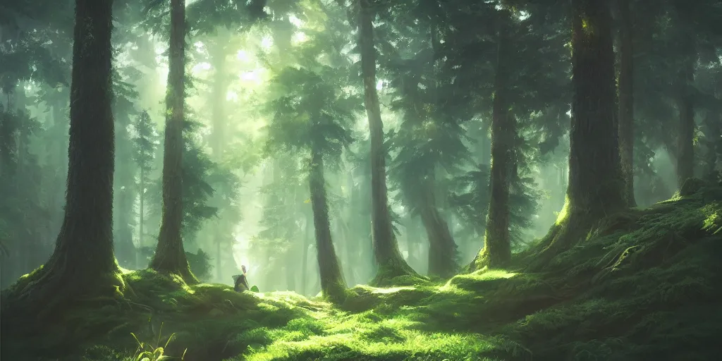 Image similar to a forest, cinematic angle, studio Ghibli, volumetric lighting, bold, beautiful composition, intricate, elegant, artstation, detailed oil painting, hyperrealistic, sharp focus, 8k