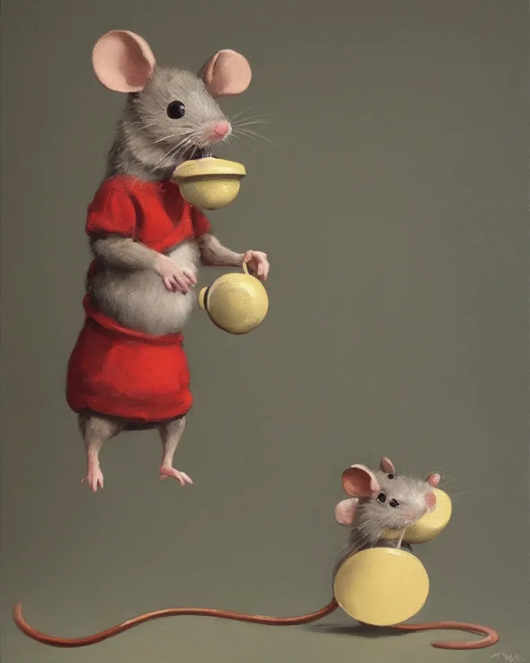 Prompt: an old oil painting of a cute mouse standing on two legs and holding a round bell, trending on artstation