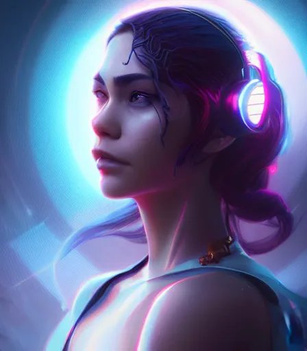 Image similar to beautiful portrait of a cyberpunk goddess who looks like Vanessa Hudgens , character design by charlie bowater, ross tran, artgerm, and makoto shinkai, detailed, soft lighting, rendered in octane