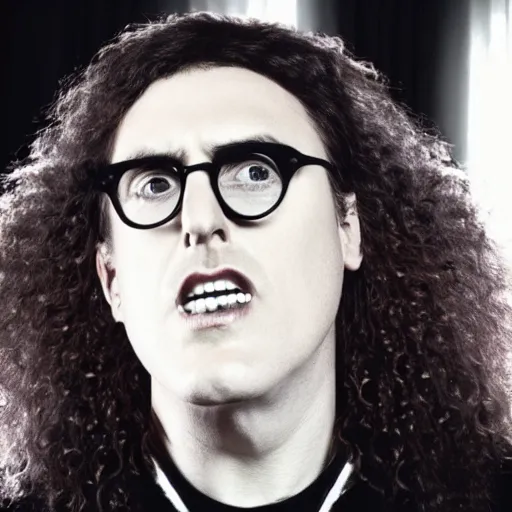 Image similar to weird al pointing at the word “gullible” on the ceiling