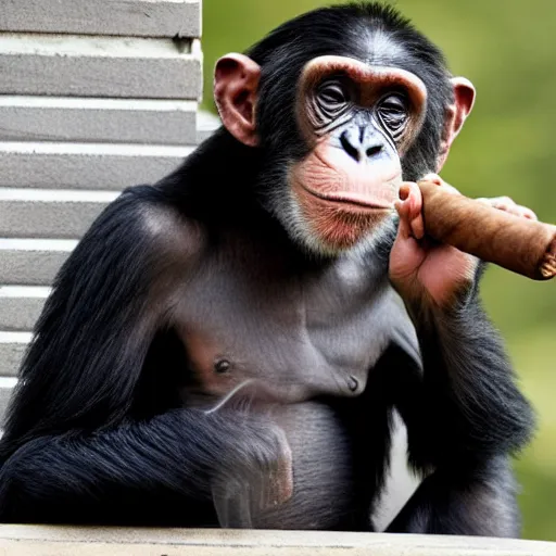 Image similar to a high detail closeup shot of a chimp wearing a suit, smoking a cigar