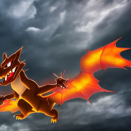 Prompt: charizard, flying in a stormy sky highly detailed, 4 k, hdr, smooth, sharp focus, high resolution, award - winning photo, boris valejo, photorealistic