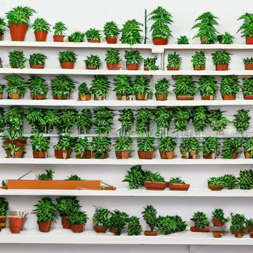 Image similar to bustling small shop neatly organised retail cannabis leaves in cute designer planters, aussie, environment portrait ink drawn by steve hanks, australia video game still render by pixar