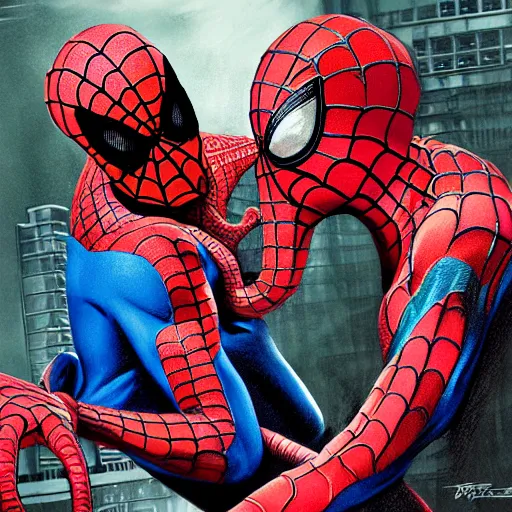 Image similar to octopus attacking and suffocating spiderman, photorealistic