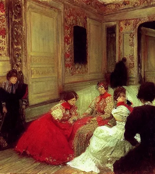 Image similar to high quality high detail painting by ilya repin, many brides in a blood flooded house, hd