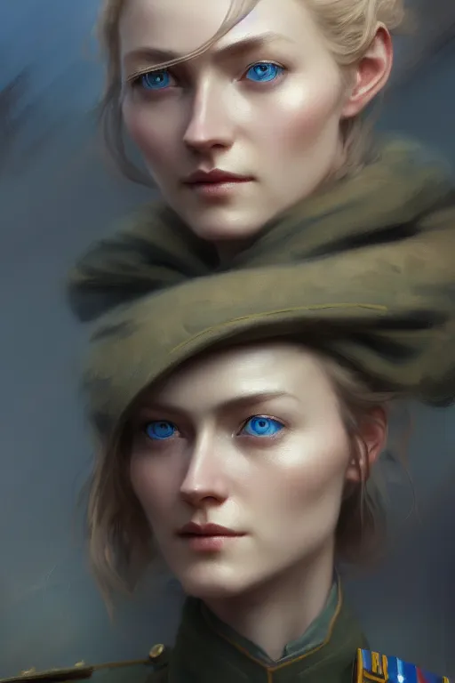 Image similar to a beautiful nordic woman, blue eyes, wearing a world war 1 uniform, extremely detailed digital painting, in the style of fenghua zhong and ruan jia and jeremy lipking and peter mohrbacher, mystical colors, rim light, beautiful lighting, 8 k, stunning scene, raytracing, octane, trending on artstation