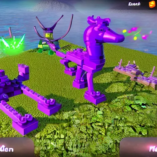 Prompt: screenshot of LEGO Universe maelstrom enemies, purple fire, maelstrom creatures