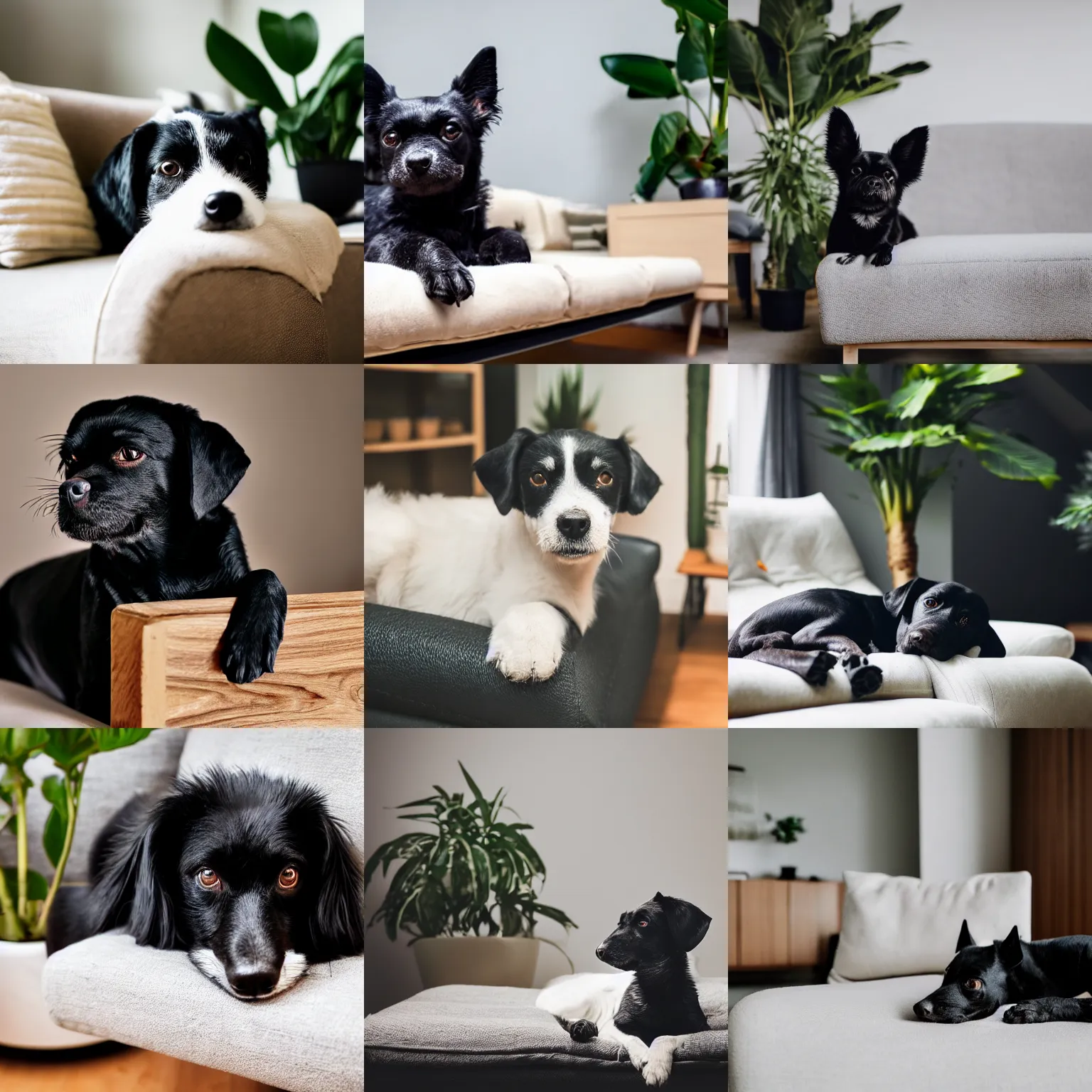 Prompt: a small black dog, white face, lying down on a sofa, house plants and wood furniture in the background, modern house, indoors, dim light, photograph, 4 k, shot on iphone, for a catalogue, blurry background