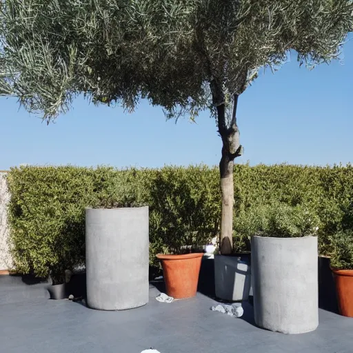 Image similar to large concrete pot on the rooftop, olive trees, comfortable for seating, wpc decking on the floor