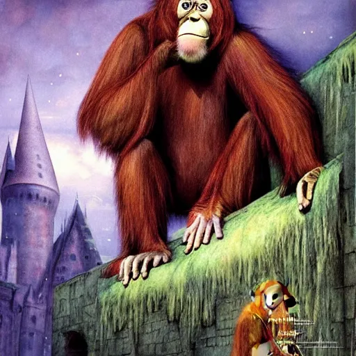 Image similar to Orangutan as a grumpy Libarian in Hogwarts, School of Witchcraft and Wizardry, detailed, hyperrealistic, colorful, cinematic lighting, digital art, illustration from a Harry Potter book by Paul Kidby and Jim Kay