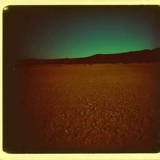 Image similar to a slot machine in the distance in the middle of a desert at night, very dark, dark lighting, old polaroid, damaged film, expired film, slightly blurry, liminal space, surreal,