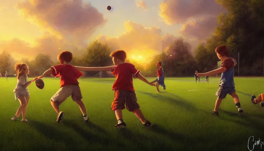 Image similar to beautiful painting of backyard football field with a pair of playing children during sunset, wide shot, digital painting, intricate details, trending on artstation, concept art, octane render, realistic, highly detailed, smooth, sharp focus, beautiful, 4 k, 8 k, hd, art by charlie bowater and artgerm and greg rutkowski