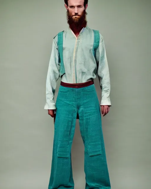 Prompt: blurry photo of a ancient male model wearing a teal boot cut flared distressed medieval designer menswear trousers designed by kapital, 4 k, studio lighting, wide angle lens, 2 0 0 4