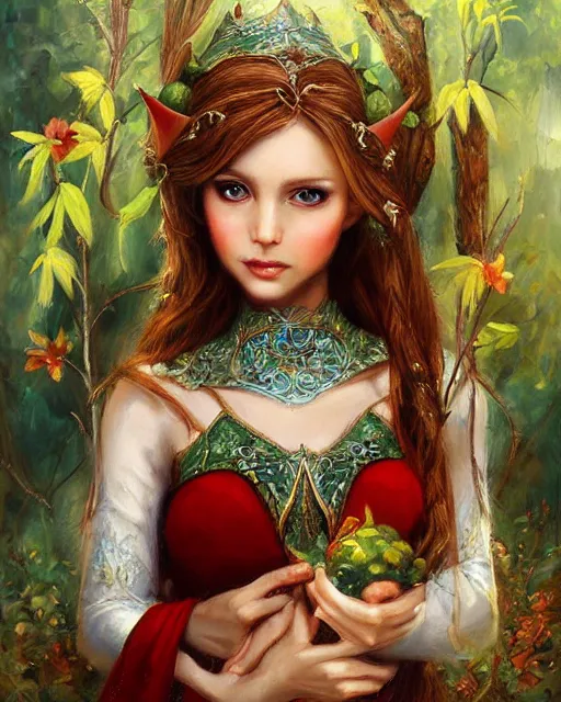 Image similar to a beautiful elf princess, oil painting, by laura sava