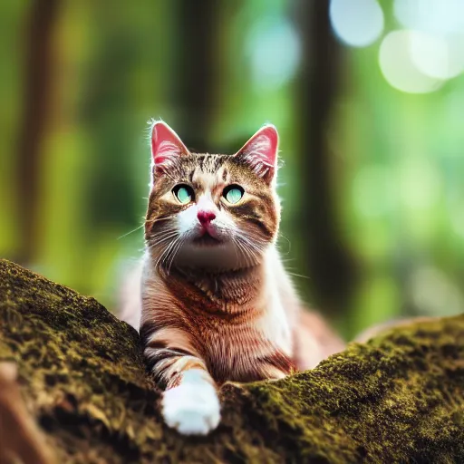 Image similar to cat in deep forest, photorealistic, 4 k, 5 0 mm, bokeh