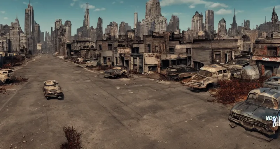 Image similar to wide angle shot of dilapidated fallout 5 new york city in real life, desolate with zombirs, dilapidated, empty streets, nightmarish, some rusted retro futuristic fallout vintage style parked vehicles, sunny weather, few clouds, volumetric lighting, photorealistic, daytime, autumn, sharp focus, ultra detailed, cgsociety