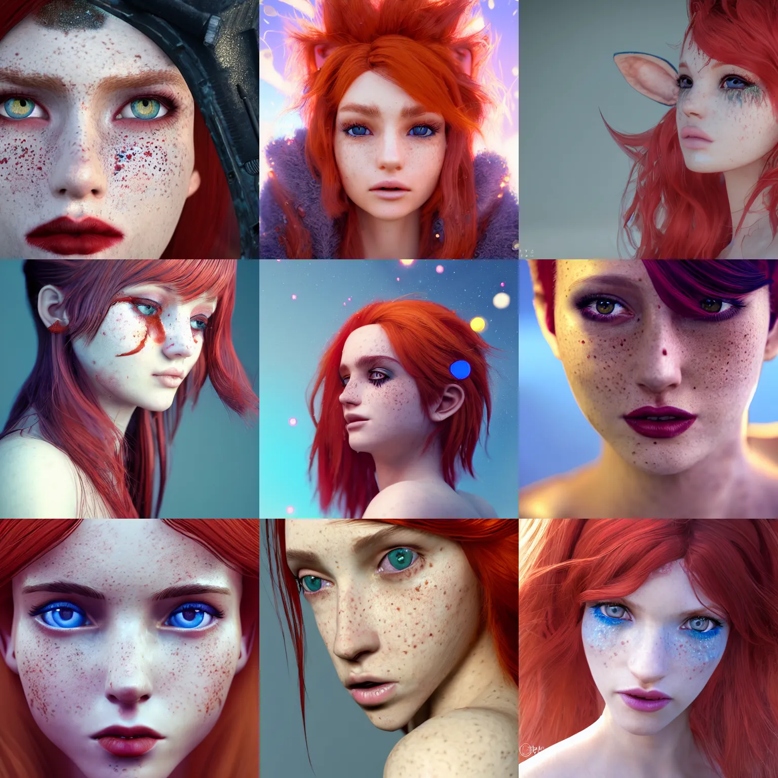 Prompt: A portrait of a beautiful woman with messy vibrant red hair and fox ears, blue eyes, cute freckles, subtile eyeliner, celestial nose type, extremely defined philtrum, detaimed moisture, detailed droplets, detailed intricate hair strands, ray tracing reflection, symetrical face and body, cgsociety, eye reflection, focused, unreal engine 5, vfx, post processing, post production, single face