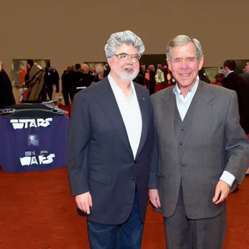 Image similar to george lucas and george w. bush meeting at a starwars convention, photography, realistic, realism, photorealism