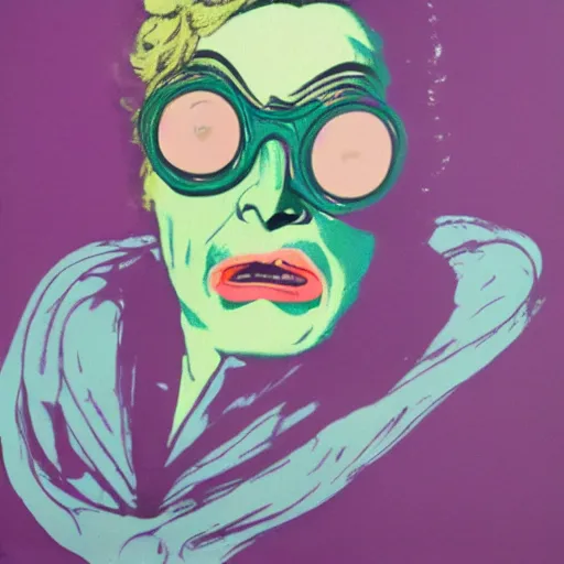 Prompt: individual screaming dame edna everage silk screen francis bacon