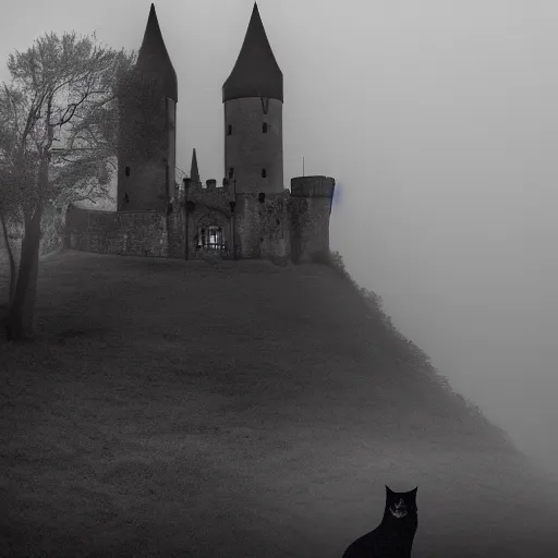 Image similar to a dark vallcy with a huge gloomy castle, fog. a little boy and a black cat