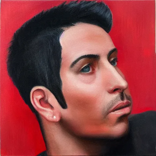 Image similar to a man with short black hair and shaved sides looks over his shoulder into the camera, oil painting, red background, album cover