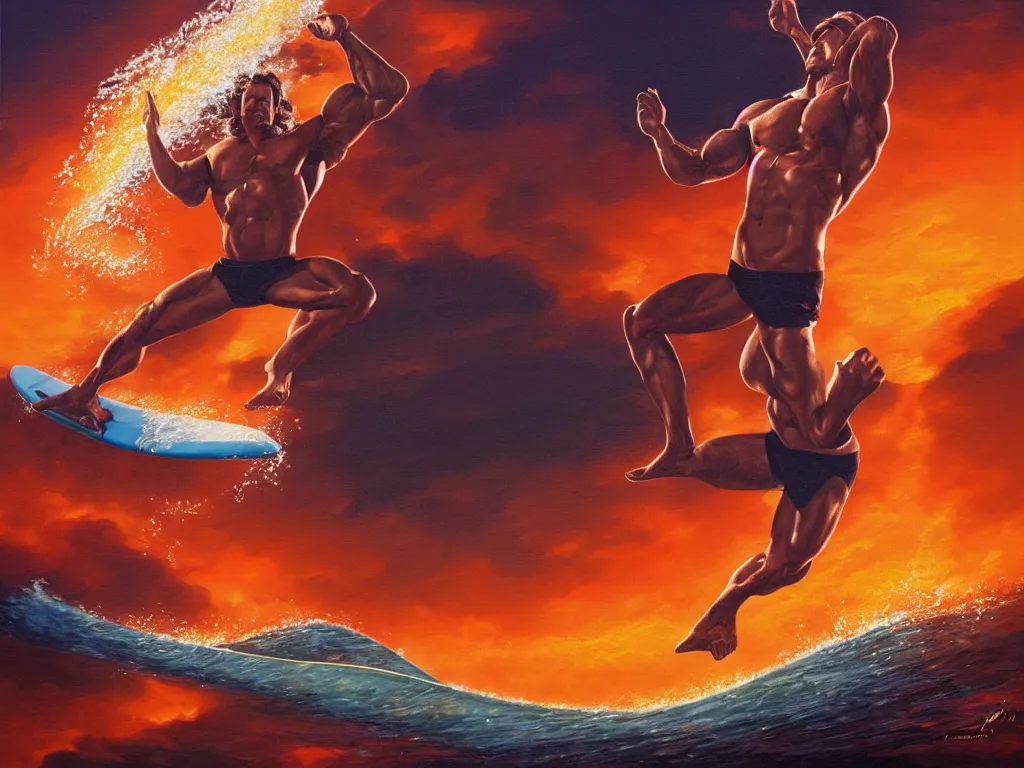 Prompt: detailed full body portrait of an arnold schwarzenegger surfing on lava wave by boris vallejo, fire lake, stunning scene, 8 k, digital painting, hyperrealism, bright colors, trending on artstation