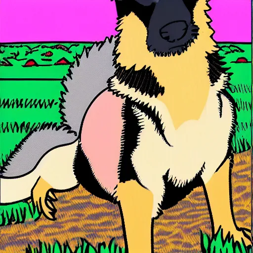 Prompt: small german shepherd in a pink collar chasing a squirrel, lichtenstein painting