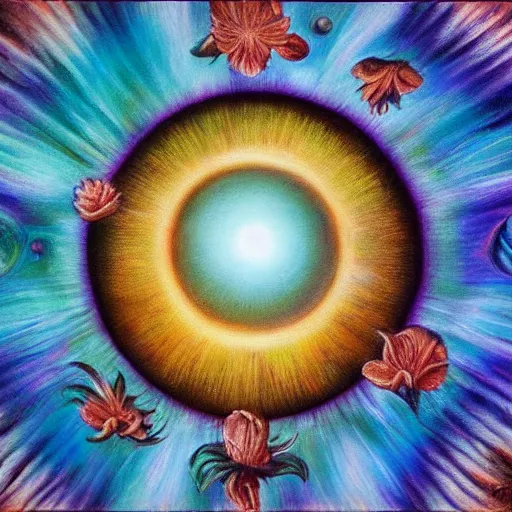 Prompt: a surreal detailed painting of a flower in the center of a picture near planet earth, an airbrush painting by david a. hardy, deviantart, metaphysical painting, airbrush art, chalk art, fractalism