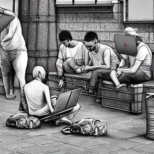 Prompt: a group of realistic bums using laptops near trashcans, angry, highly detailed, intricate, sharp focus, digital art, 8 k