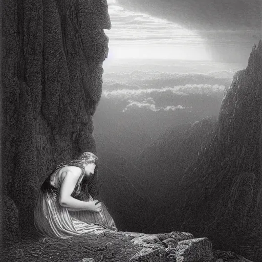 Prompt: A lonely widow looks from a mountaintop, mountains, gorgeous view, velly distant forest, distant city, distant glow, night, sunset, dramatic light, Chiaroscuro, long shadows, dark, masterpiece, high detail, detailed, illustration by Paul Gustave Doré