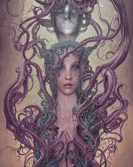 Image similar to centered beautiful detailed front view portrait of a woman with ornate tentacles growing around, ornamentation, flowers, elegant, beautifully soft lit, full frame, by wayne barlowe, peter mohrbacher, kelly mckernan, h r giger