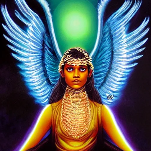 Image similar to Sri lankan girl as a winged angel covered in eyes with glowing halo, iridescent, seraphim, art by Jason Edmiston