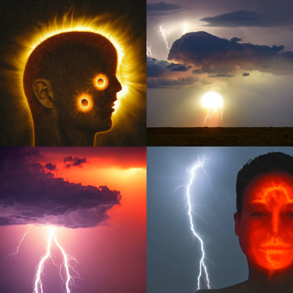 Prompt: Sun being devoured by a human in lightning form