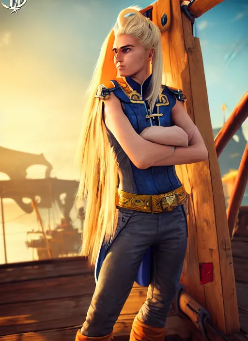 Image similar to An epic fantasy comic book style portrait painting of tall blonde haired female sky-pirate with a serious face and a pony tail in front of a metal gangplank, unreal 5, DAZ, hyperrealistic, octane render, cosplay, RPG portrait, dynamic lighting