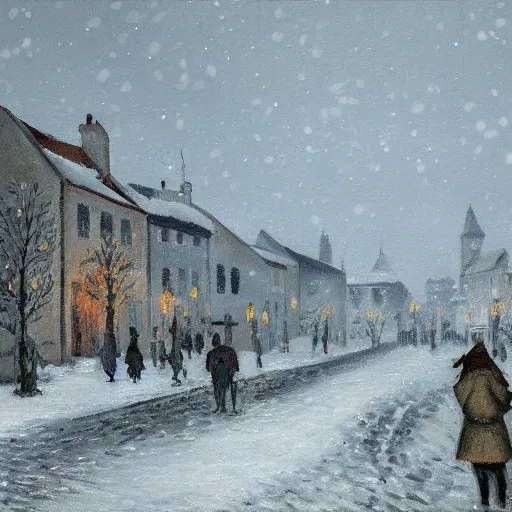 Prompt: A painting of a village during a snow storm, streets, (pedestrians), trees, Camille Pissarro, ((unreal engine)), ((Christmas tree))