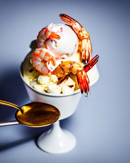 Image similar to dslr food photograph of an ice cream sundae with a shrimp on. 8 5 mm f 1. 4