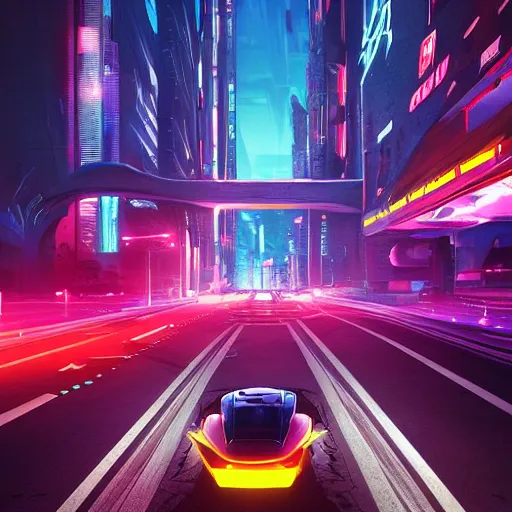 Prompt: cyberpunk highway filled with futuristic flying cars, neon lights, futuristic cyberpunk urban grunge, urban living of the future, first person pov, detailed, hyperrealistic