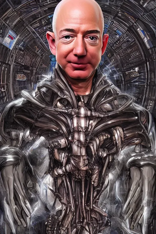 Image similar to jeff bezos as a filthy alien invader with a laser weapon, photorealistic, cinematic lighting, highly detailed, very intricate, by hr giger