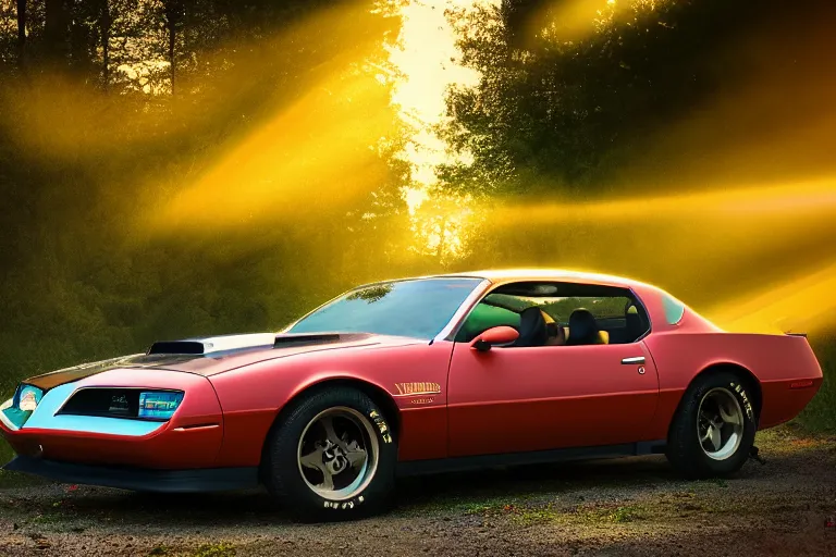 Prompt: pontiac firebird with grafitti tag on side, sunrise, dramatic, cinematic, forest, sunbeams, volumetric lighting, wide shot, low angle